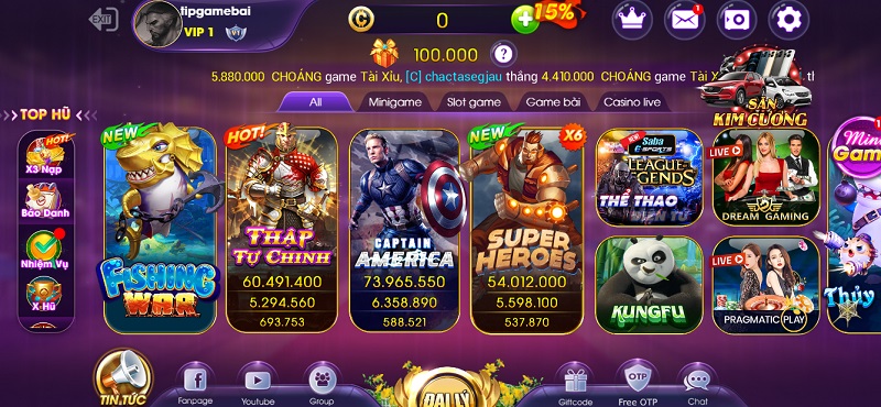Kho game Choáng Club với nhiều thể loại như game bài, nổ hũ, mini game và casino trực tuyến