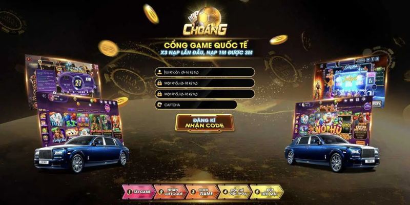 Giao diện ứng dụng Choáng Club trên điện thoại với các danh mục trò chơi và tính năng nạp rút trực tuyến