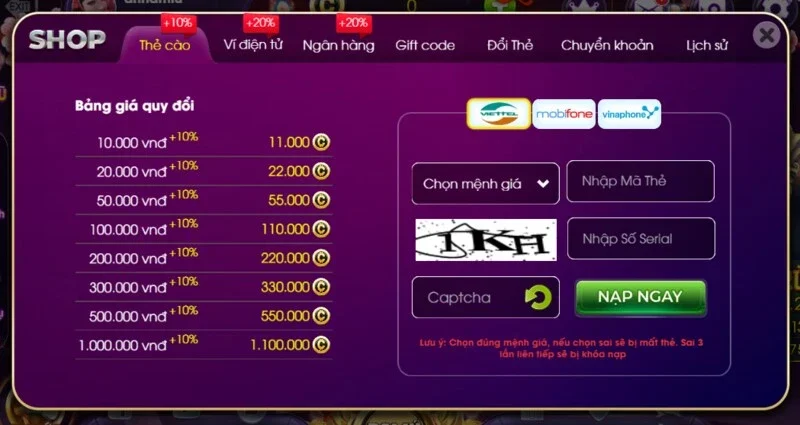 Giao diện nạp tiền Choáng Club hỗ trợ ngân hàng, ví điện tử và USDT